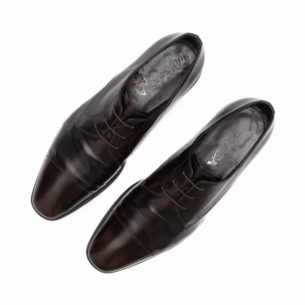 Prada Men's Brushed Leather Cap Toe Laced Up Oxford Dress Shoes Brown UK9 US10